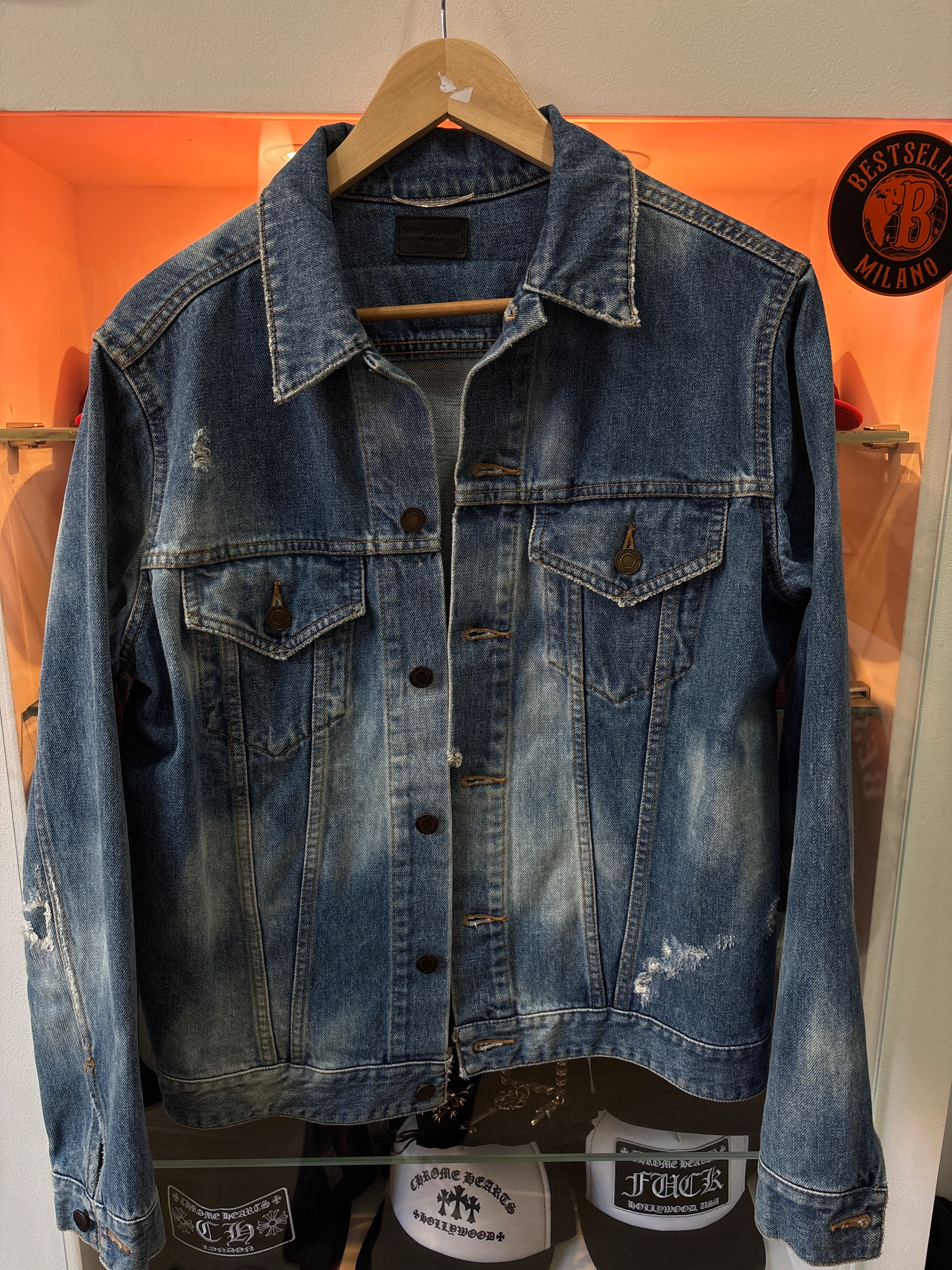 Saint Laurent Paris "Sweet Dreams" Distressed SS16 Denim Jacket Made in Japan
