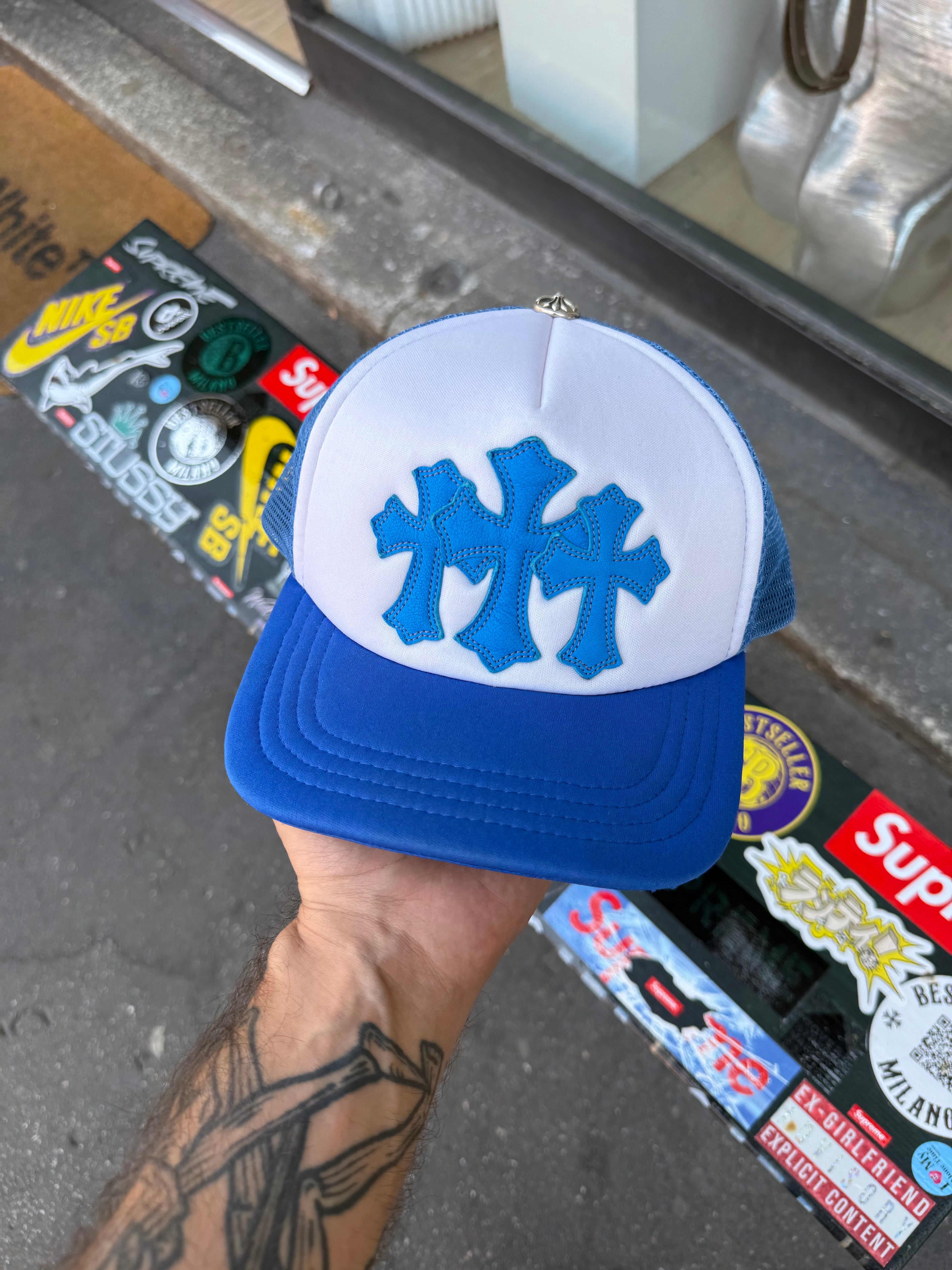 Chrome Hearts blue triple cross trucker hat