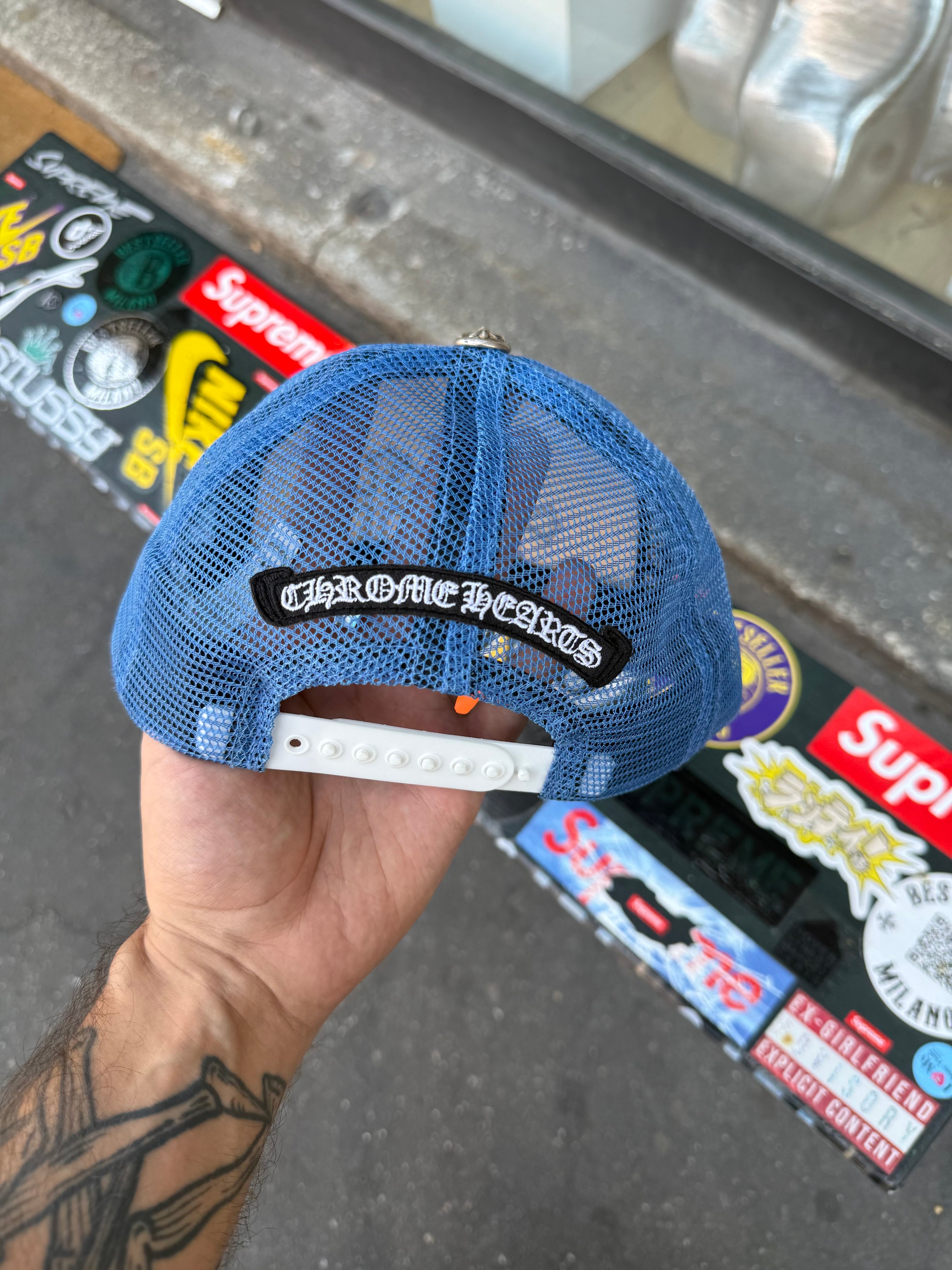 Chrome Hearts blue triple cross trucker hat